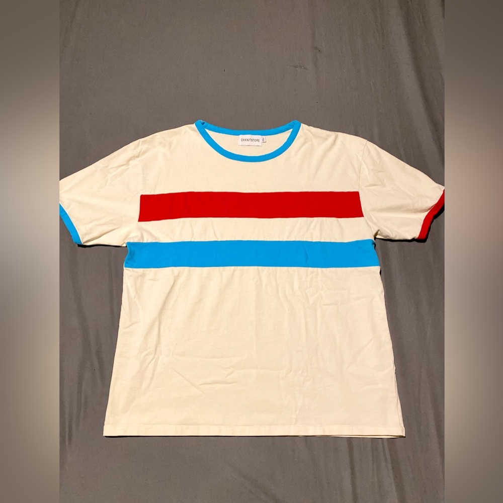 Oxknitstore Men's White Tee with Bold Blue & Red Stripe Design ~ Size XXL